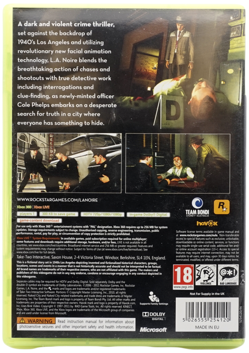 Jeu L.A. Noire - Xbox 360 - Version PAL Française - Très Bon État